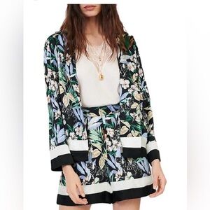 Maje Black Floral Satin Blazer and Shorts with Green and Light Blue Leaves